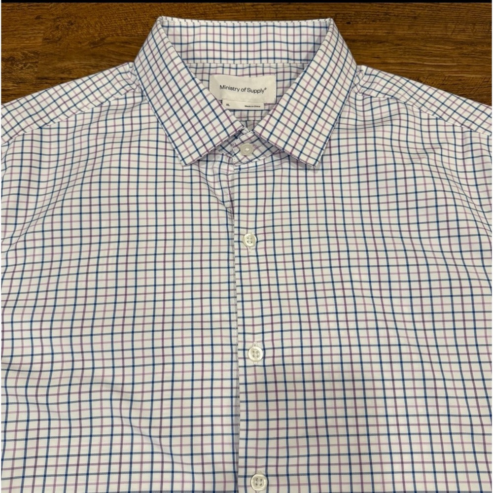 Ministry of Supply White Check Plaid Preppy‎ Casual Dress Button Up Shirt Men XL